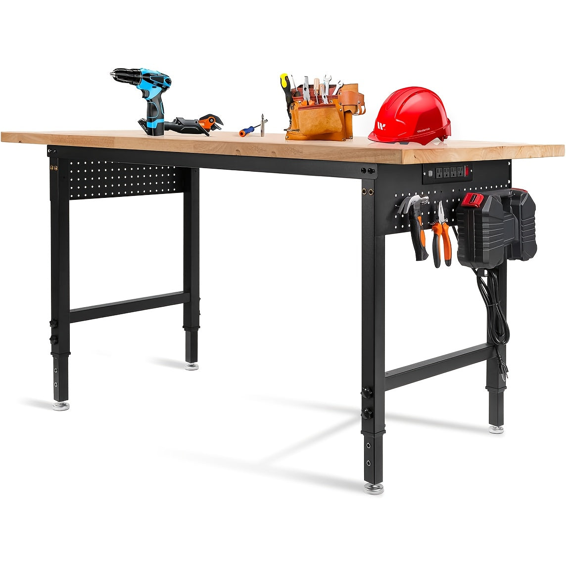 Heavy Duty Workbench Adjustable Height 28"-40", 2000LBS Capacity with ETL Power Outlet, Pegboard & Rubber Wood Top, 60"/96" Garage Workshop Bench