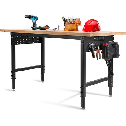 Heavy Duty Workbench Adjustable Height 28"-40", 2000LBS Capacity with ETL Power Outlet, Pegboard & Rubber Wood Top, 60"/96" Garage Workshop Bench