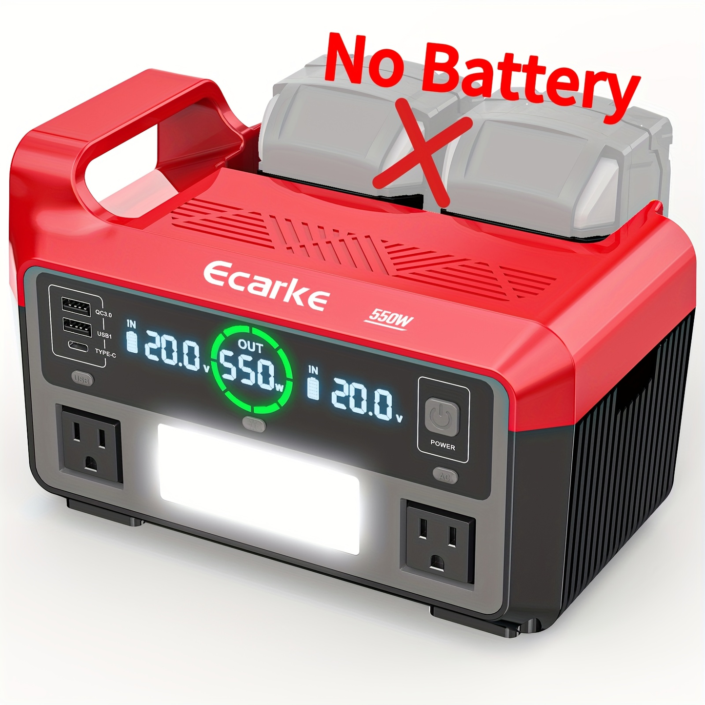 Pure Sine Wave Inverter 550W for 18V Battery - DC 18V to AC 110V, 2×USB-C 20W Fast Charge, 2×USB-A, 2×AC Outlets, 600LM 3-Level LED Light, Camping & Emergency Power (Bare Tool)