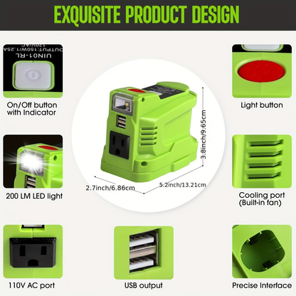 Power Inverter for RYOBI 18V Battery | 150W AC Outlet, 2 USB Ports, LED Light, DC 18V to AC 110V Modified Sine Wave, Compatible P102 P108 P190 Camping Emergency