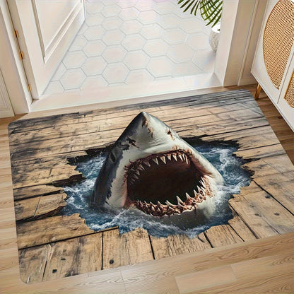 Shark Door Mat Non-Slip Washable Polyester Flannel Rug for Entryway Bathroom Bedroom Living Room Kitchen Porch Laundry RV Ocean Sea Design