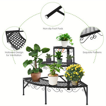 Plant Stand 3 Tier Metal Corner Ladder Shelf – Fan-Shaped Flower Rack with Non-Slip Feet for Indoor & Outdoor Patio, Balcony, Living Room Garden Display