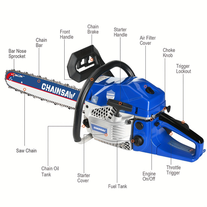 62CC Chainsaw Kit 20-Inch – 2-Stroke Gas Powered Logging Saw with Tool Kit, Oil Can & Bar Cover, Anti-Vibration Handle