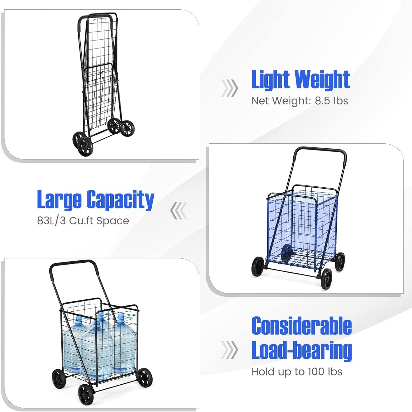 Rolling Shopping Cart Heavy Duty Metal Basket 100 LBS Capacity, Foldable Grocery Utility Cart with Foam Handle Large Wheels 22 Gal for Supermarket Laundry Warehouse