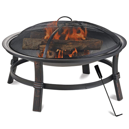 Wood Burning Fire Pit Bowl 29 Inch Outdoor Steel Fireplace with Spark Screen & Poker for Patio Backyard Deck Bonfire, Black