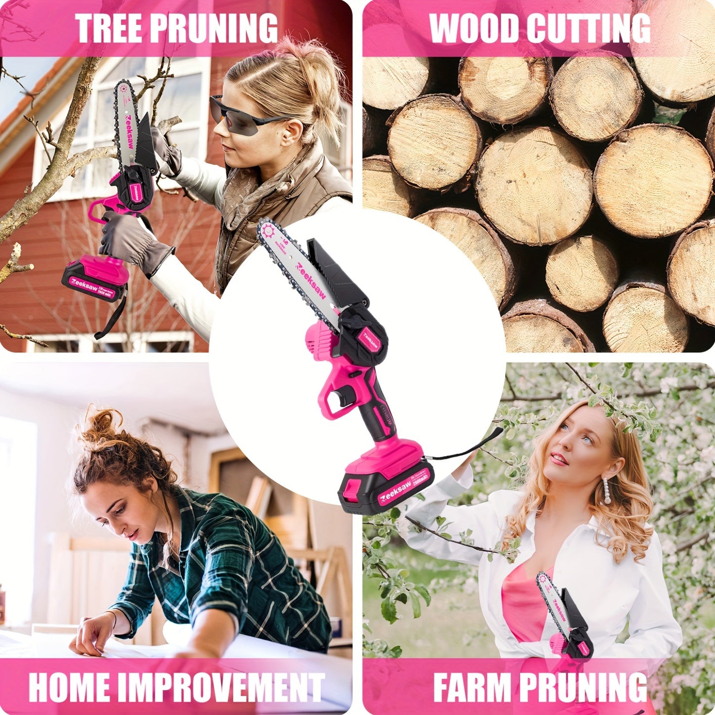 Mini Chainsaw for Women – 6-Inch Pink Cordless Electric Handheld Saw with Battery Level Display, Battery & Charger Included, Gardening Gift