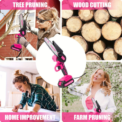 Mini Chainsaw for Women – 6-Inch Pink Cordless Electric Handheld Saw with Battery Level Display, Battery & Charger Included, Gardening Gift