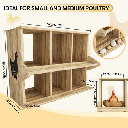 Chicken Nesting Box 6 Compartment Wooden Hen House with Perches - Floor Stand & Wall Mount Options, Durable Poultry Nesting Box for Small & Medium Chickens