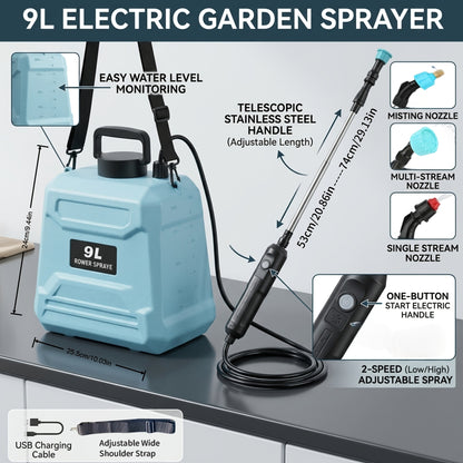 Garden Sprayer Battery Powered Electric USB Rechargeable 1.6-2.4 Gal with 3 Mist Nozzles Adjustable Shoulder Strap for Lawn Yard Plant Watering