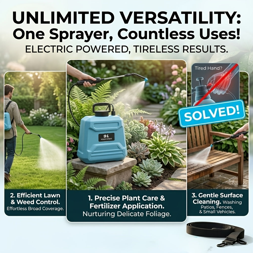 Garden Sprayer Battery Powered Electric USB Rechargeable 1.6-2.4 Gal with 3 Mist Nozzles Adjustable Shoulder Strap for Lawn Yard Plant Watering