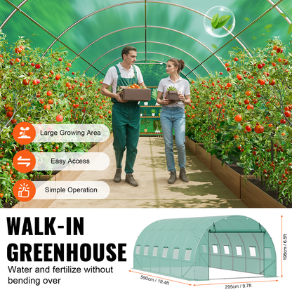 Tunnel Greenhouse Heavy Duty Galvanized Frame 140g/m² PE Cover, 6 Vent Windows Walk-In Hoop House for Garden & Farm, Multiple Sizes