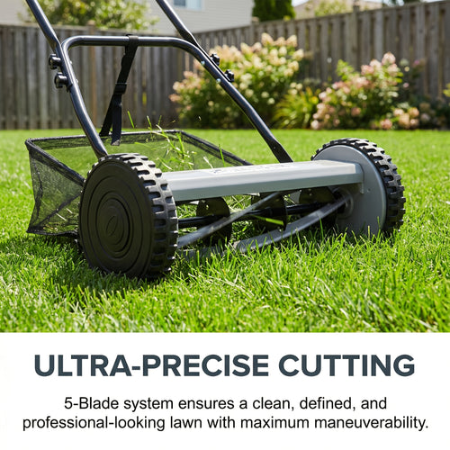 Reel Lawn Mower 14-Inch 5-Blade Manual Push with Grass Catcher, Adjustable Height 0.6"-1.8", Quiet No-Gas Walk-Behind Mower for Small Yards, 13.6 lbs Lightweight
