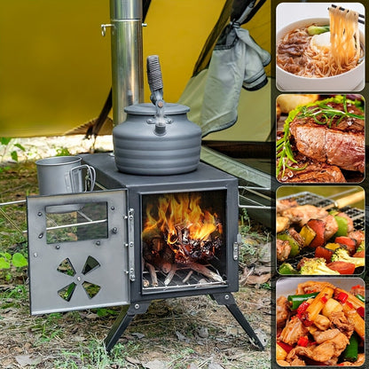 Wood Burning Camp Stove with Chimney Pipe Portable Outdoor Camping Stove for Cooking, BBQ, Boiling Water & Heating, Stainless Steel Hot Tent Stove with Folding Rack, Ash Hook & Accessories Included