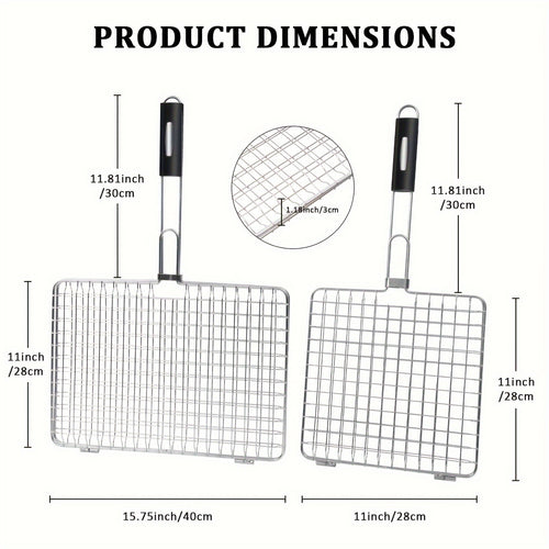 Grill Basket Stainless Steel Folding BBQ Grilling Basket for Fish Chicken Vegetables Shrimp Portable Outdoor Camping Barbecue Accessory 3 Sizes