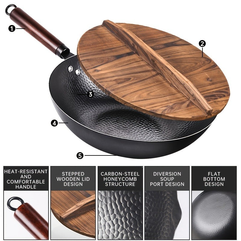 Wok Set Cast Iron 12.6 Inch Nonstick with 13 Accessories – Natural Nonstick No Chemical Coating Stir Fry Pan with Lid & Detachable Handle | Gas Electric Induction Ceramic Stovetop Kitchen Gift