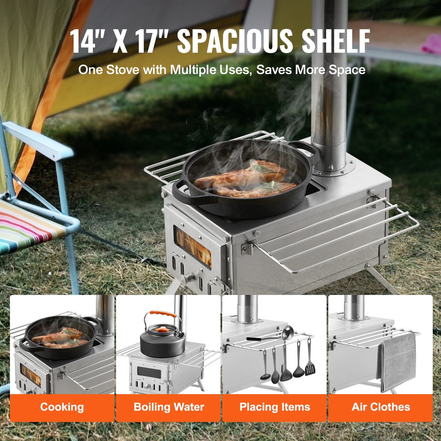 Wood Stove Camping Tent Stove 80 Inch Stainless Steel, 700in³ Firebox, 8 Accessories, BBQ Grill Plate, Chimney Pipes, Portable Outdoor Heating & Cooking, 11.71 lbs