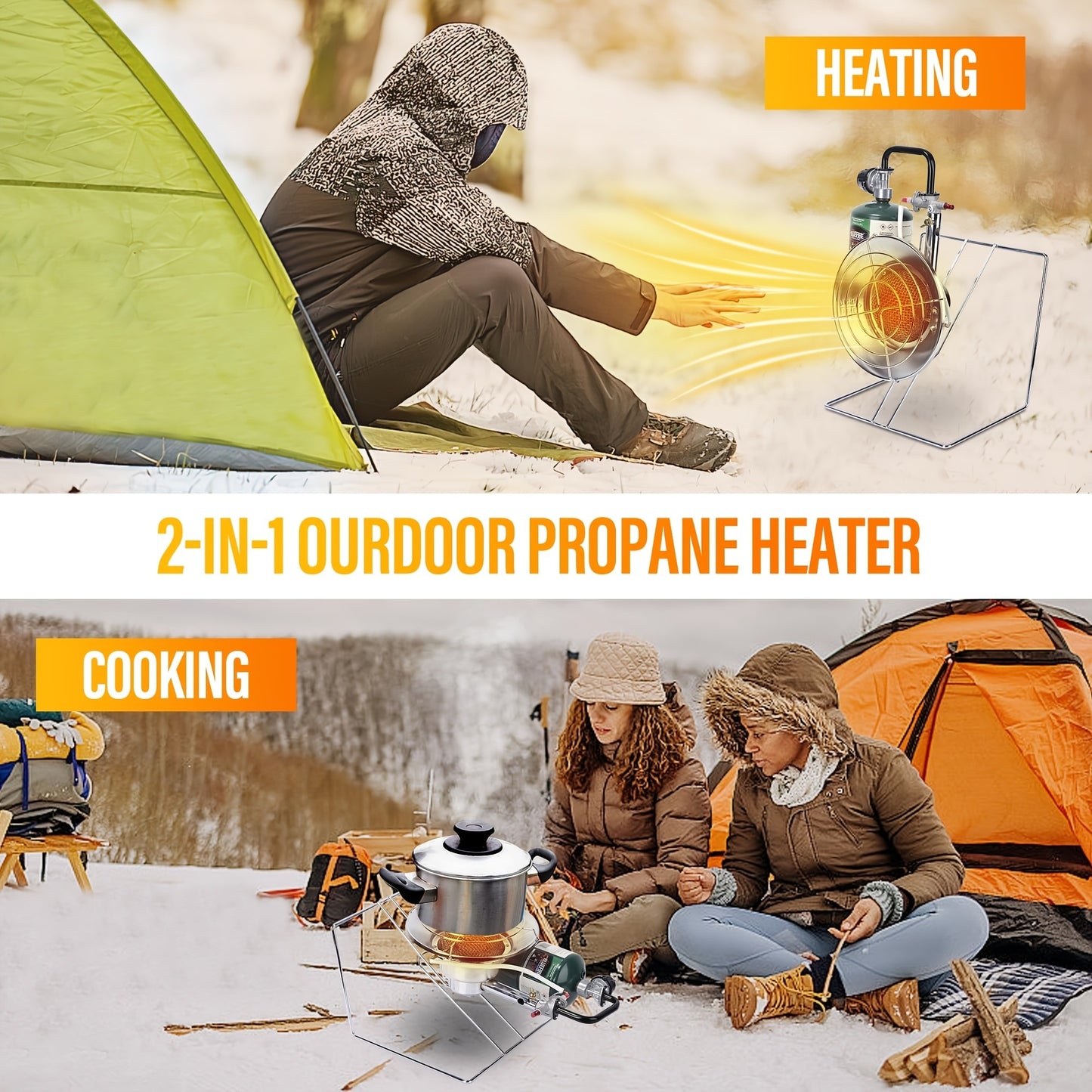 Portable Propane Heater 15,000 BTU with 8ft Hose & Piezo Igniter, 2-in-1 Propane Heater & Cooker, Tip-Over Protection, 3 Heat Settings – Camping, Garage, Patio, Ice Fishing, Hunting