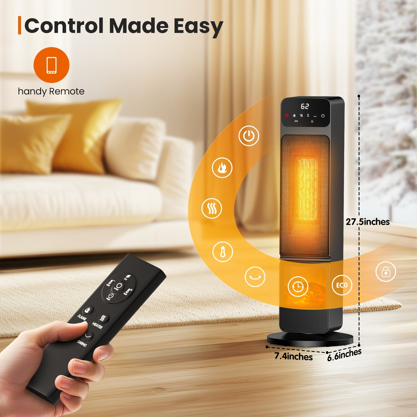 Electric Fireplace Space Heater 1500W – Portable Indoor Heater with 3D Flame Effect, 12H Timer, Heating & Fan Modes for Home & Office