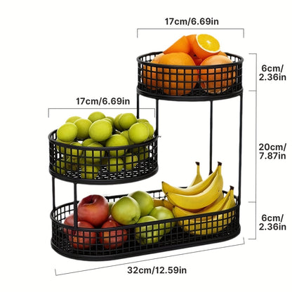 3-Tier Metal Fruit Basket Large Capacity Black Wire Rack | Kitchen Countertop Organizer for Fruits Vegetables Bread Snacks