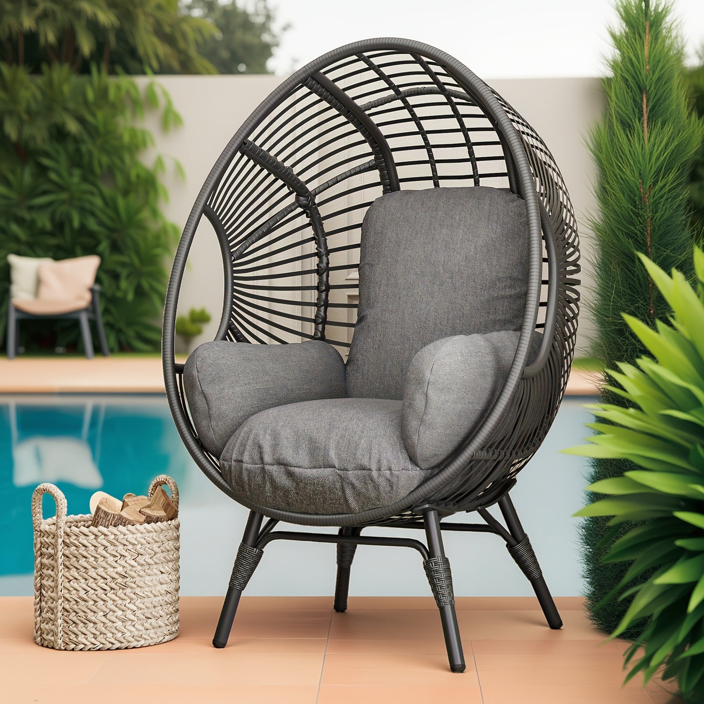 Egg Chair Outdoor Wicker Oversized Hanging Basket Chair with Stand & Cushion 500LBS Capacity UV-Resistant Rattan Style Patio Lounge Chair for Garden Backyard Balcony Porch Beige Black