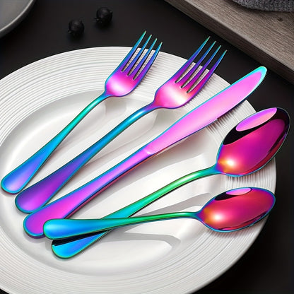 Flatware Set 60 Piece Rainbow Stainless Steel Cutlery 430 Mirror Polish Dishwasher Safe Knife Fork Spoon for Camping Picnic Travel Party Outdoor Dining Serves 12