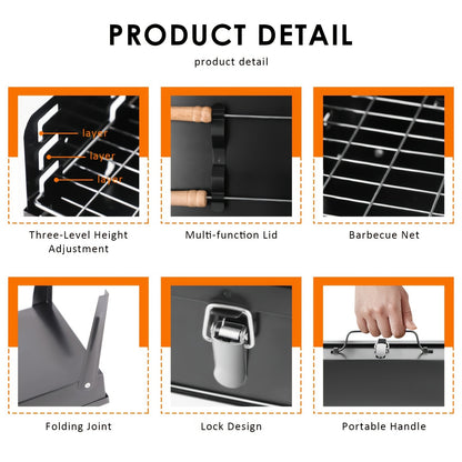 Charcoal Grill Portable BBQ with Hood – Foldable Compact Outdoor Barbecue Grill for Camping Tailgating Picnic Backyard Cookouts | Lightweight Steel with Accessories Included