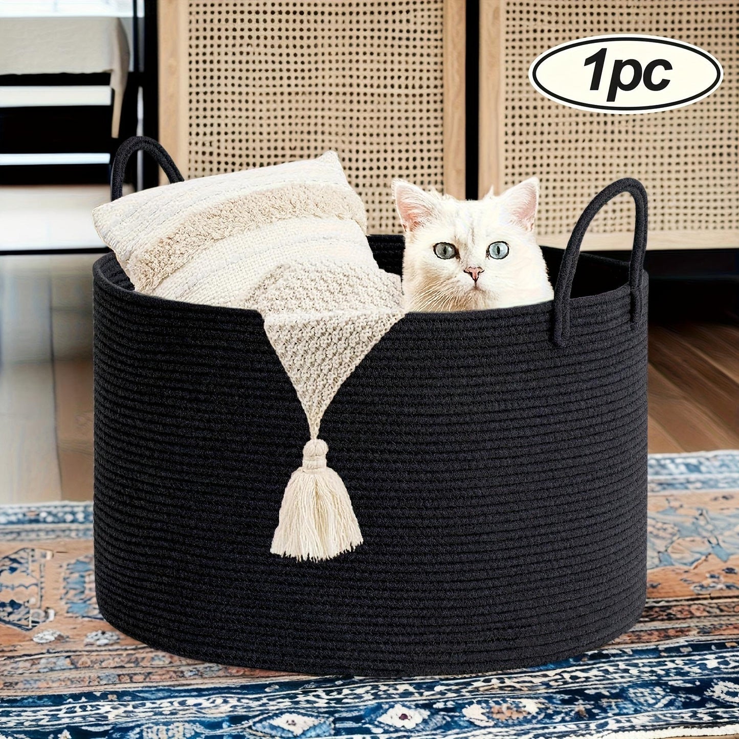 Rope Basket with Handles | Large Capacity Storage Organizer for Blankets, Clothes & Plants – Soft Polyester, Multiple Colors