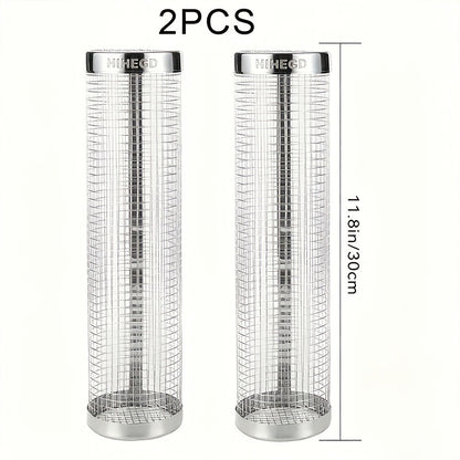 Rolling Grill Basket Stainless Steel 2-Pack – Cylinder BBQ Basket with Hook & Fork for Vegetables, Meatballs & Seafood | Outdoor Camping Bonfire Grill Accessory
