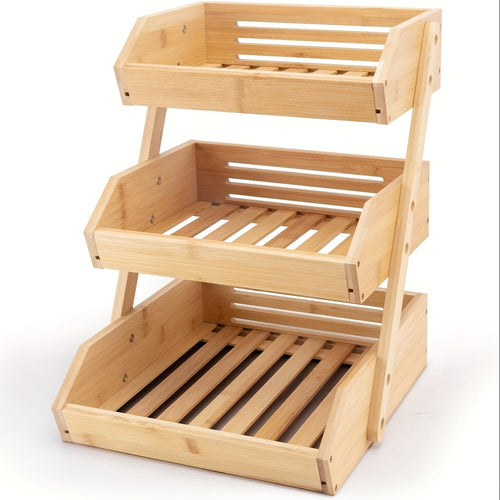 Fruit Basket Stand 2 & 3 Tier Wooden Countertop Organizer Large Capacity Kitchen Storage for Fruits Vegetables Bread Produce with Banana Hooks Natural Wood