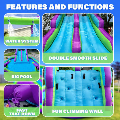 Inflatable Double Water Slide with Climbing Wall & Large Splash Pool – 17.72FT Backyard Water Park for Kids & Adults, Oxford Cloth, Blower Included