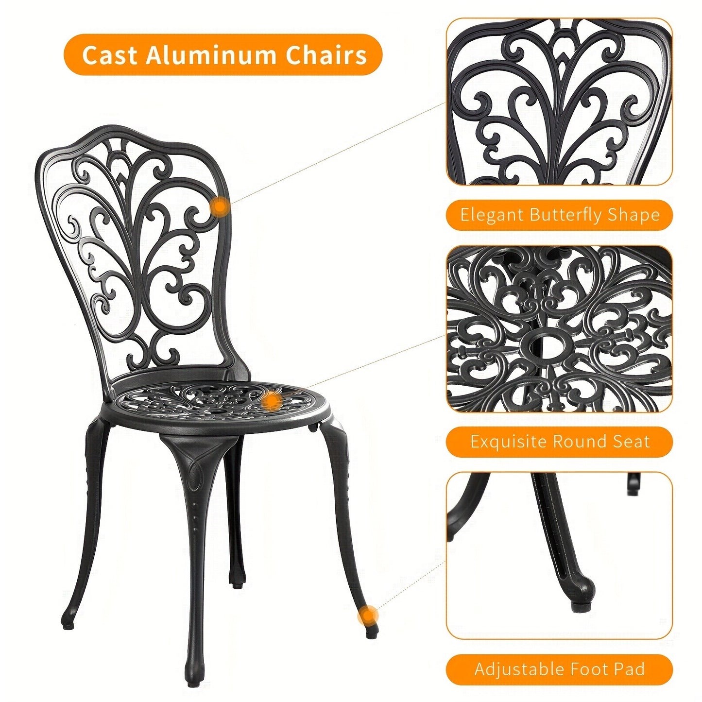 Patio Bistro Set 3 Piece Cast Aluminum Outdoor Table and 2 Chairs with Umbrella Hole All Weather Front Porch Balcony Furniture Set Black