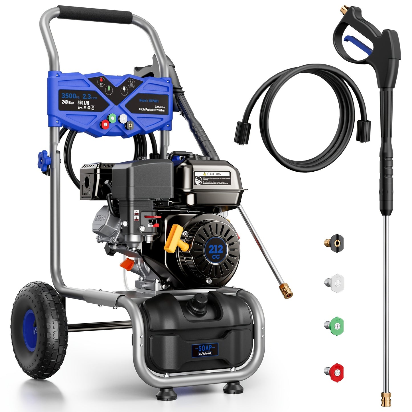 Gas Pressure Washer 3500PSI 7HP 212CC OHV Engine 2.3GPM 25-Foot Hose 4 Quick-Connect Nozzles Axial Cam Pump 10-Inch Pneumatic Tires for Driveways Decks Cars RV