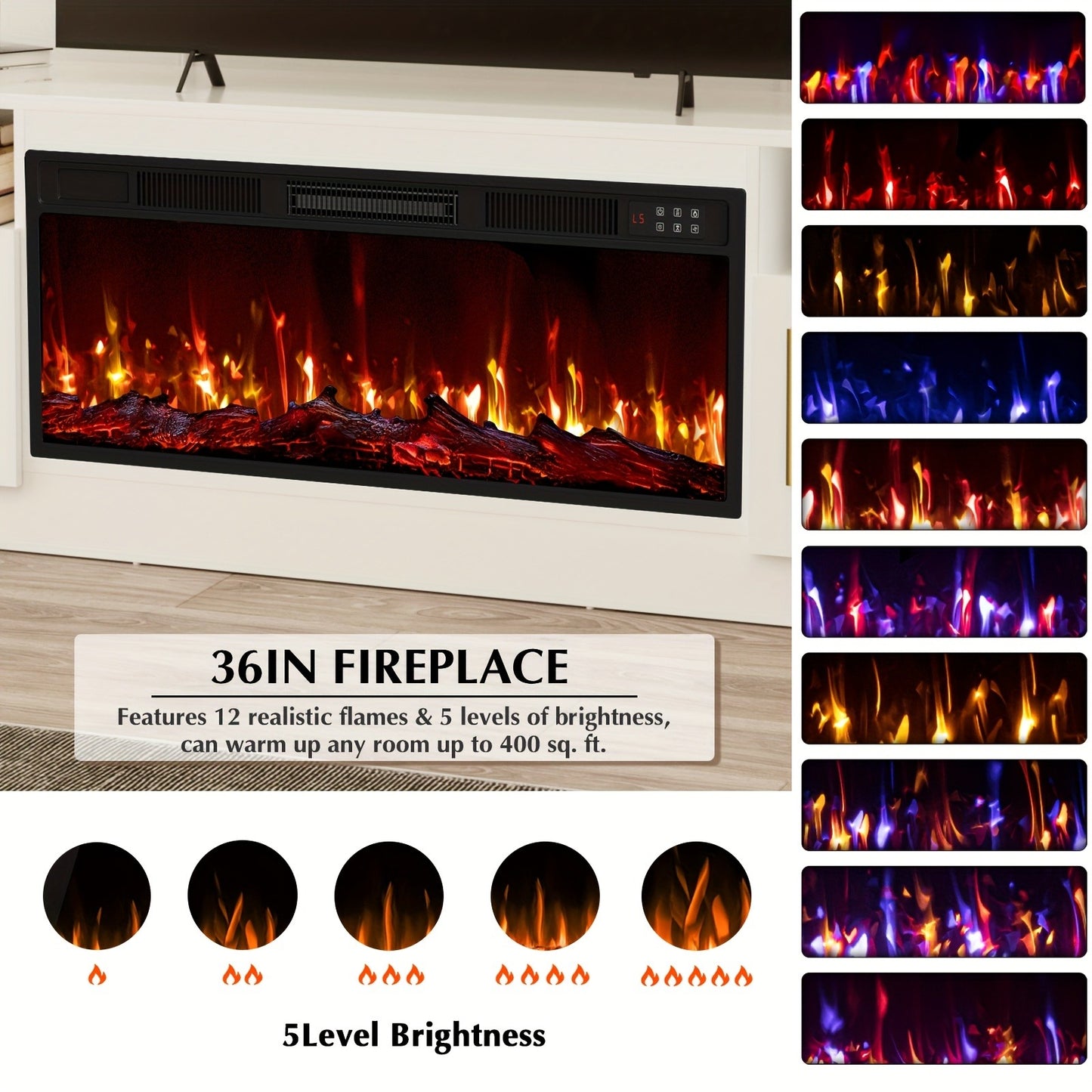 TV Stand with Fireplace 70 Inch for TVs up to 80" 36" Electric Fireplace LED Light Entertainment Center Highlight Storage Cabinet Modern Wood Media Console