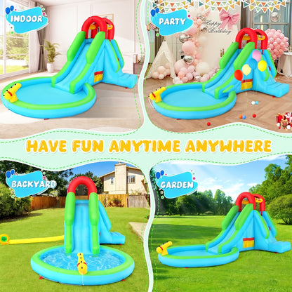 Large Inflatable Pool Water Park with Slide, Climbing Wall, Water Guns & Sprinklers – Backyard Summer Fun for Kids & Adults