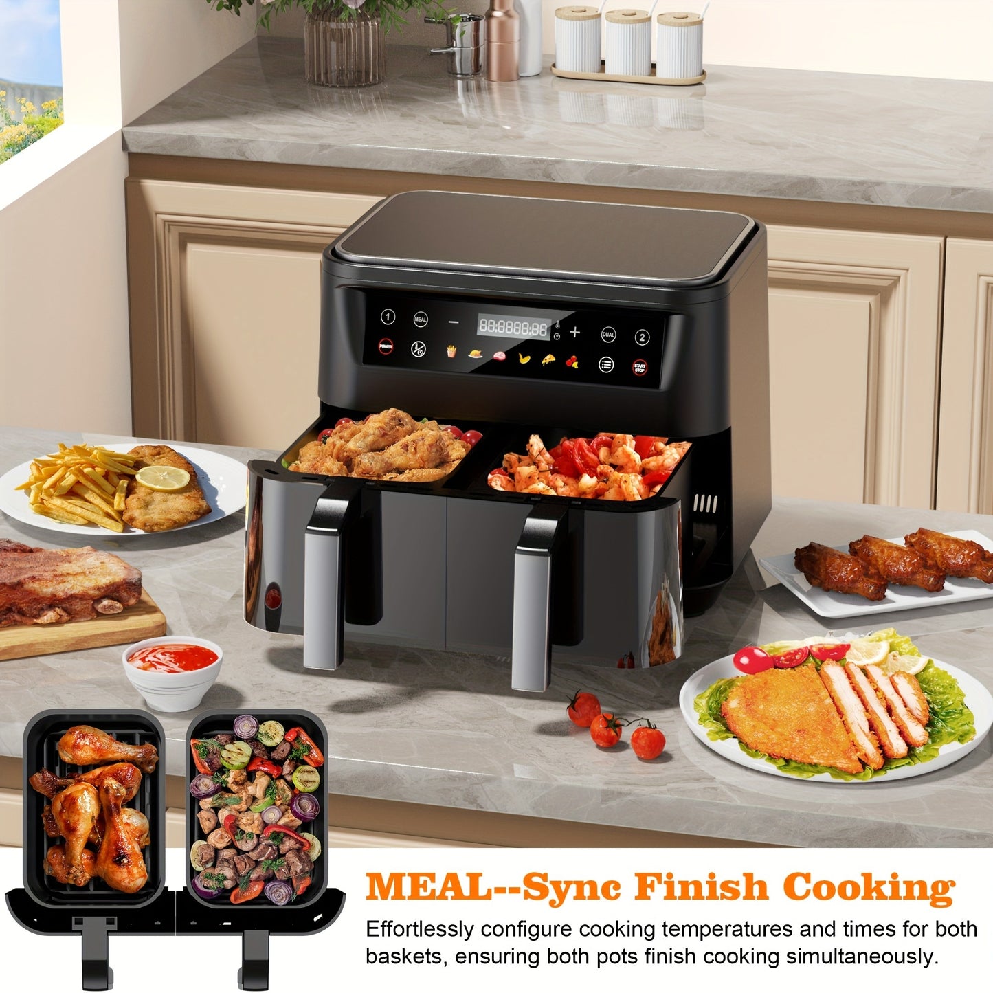 Dual Basket Air Fryer 10Qt, 10-in-1 Double Basket Air Fryer with Sync Cook & Sync Finish, Dishwasher-Safe Baskets for Bake, Roast, Broil & Reheat – Includes 50 Paper Liners, Family-Size