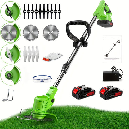 Cordless String Trimmer 24V 800W – Weed Wacker with 2 Batteries, Charger & 3 Blades, Adjustable Head, Brush Cutter & Lawn Edger