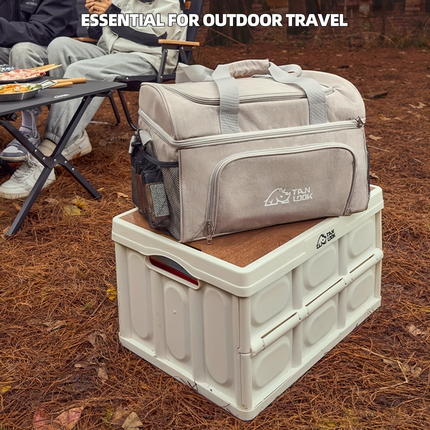 Insulated Picnic Basket Foldable Wicker with Cooler Box – Large Capacity Thermal Lunch Carrier Bag for Outdoor Camping, Beach & Picnics, Portable Wicker Cooler Basket, Khaki