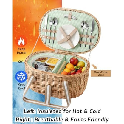 Wicker Picnic Basket for 2 with Insulated Cooler Compartment, Stainless Steel Cutlery Set, Ceramic Plates, Wine Glasses & Cheese Board – Outdoor Dining Hamper