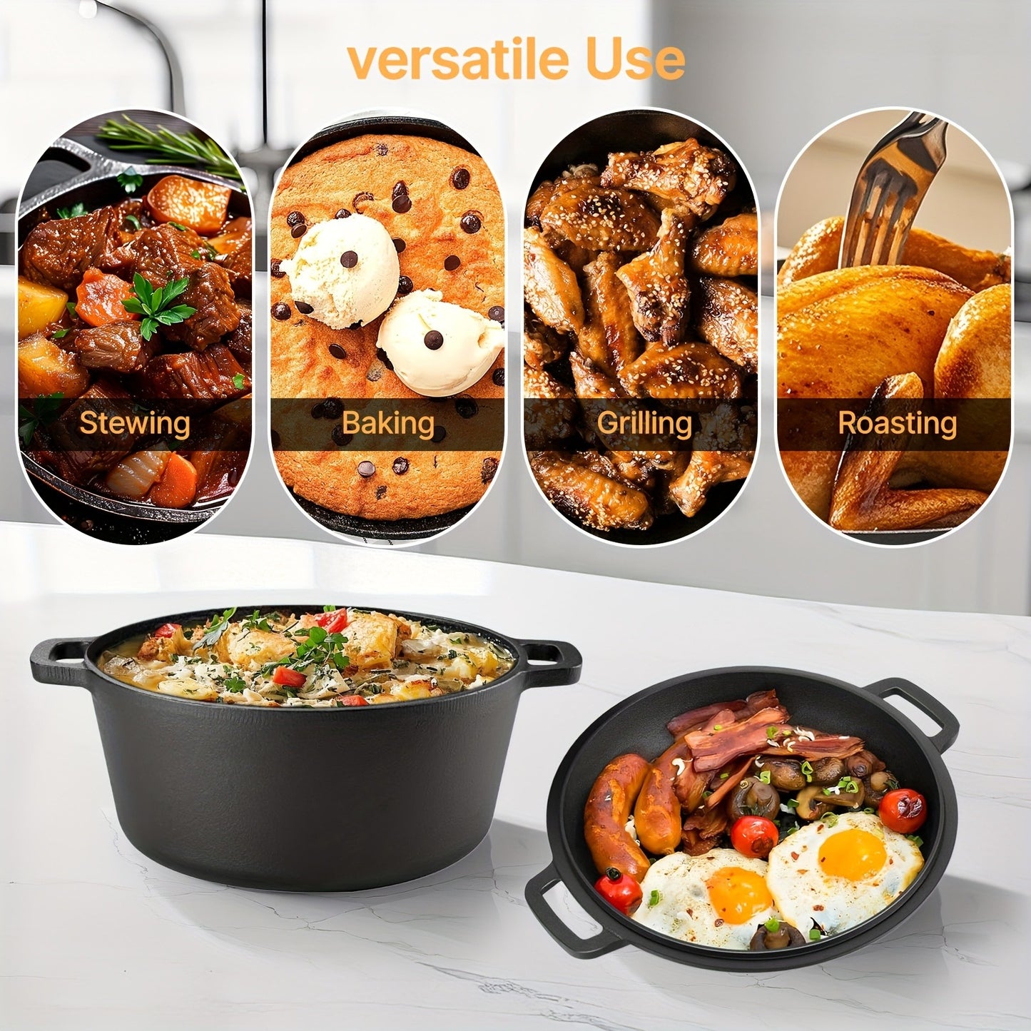 Cast Iron Dutch Oven Pre-Seasoned with Lid – Deep Pot for Bread Baking, Camping, BBQ & Stove | Double Handle, Silicone Lid, Scraper & Stand Included