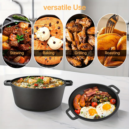 Cast Iron Dutch Oven Pre-Seasoned with Lid – Deep Pot for Bread Baking, Camping, BBQ & Stove | Double Handle, Silicone Lid, Scraper & Stand Included