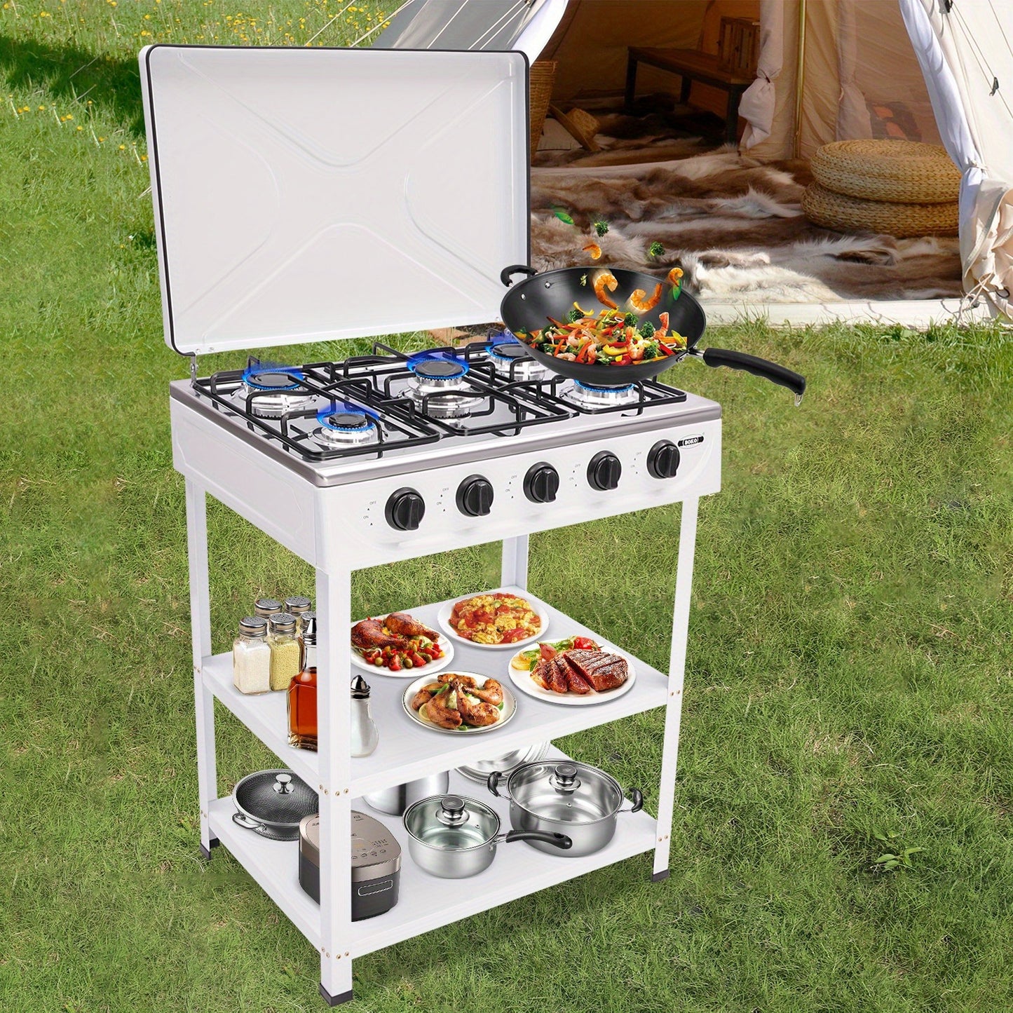 5-Burner Gas Stove CNCEST Portable Natural Gas Stove | 2.5kW Per Burner | Freestanding Outdoor Cooking Stove for RV, Camping, Tailgating & Backyard | White, 64×44.5cm