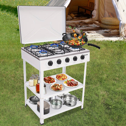 5-Burner Gas Stove CNCEST Portable Natural Gas Stove | 2.5kW Per Burner | Freestanding Outdoor Cooking Stove for RV, Camping, Tailgating & Backyard | White, 64×44.5cm