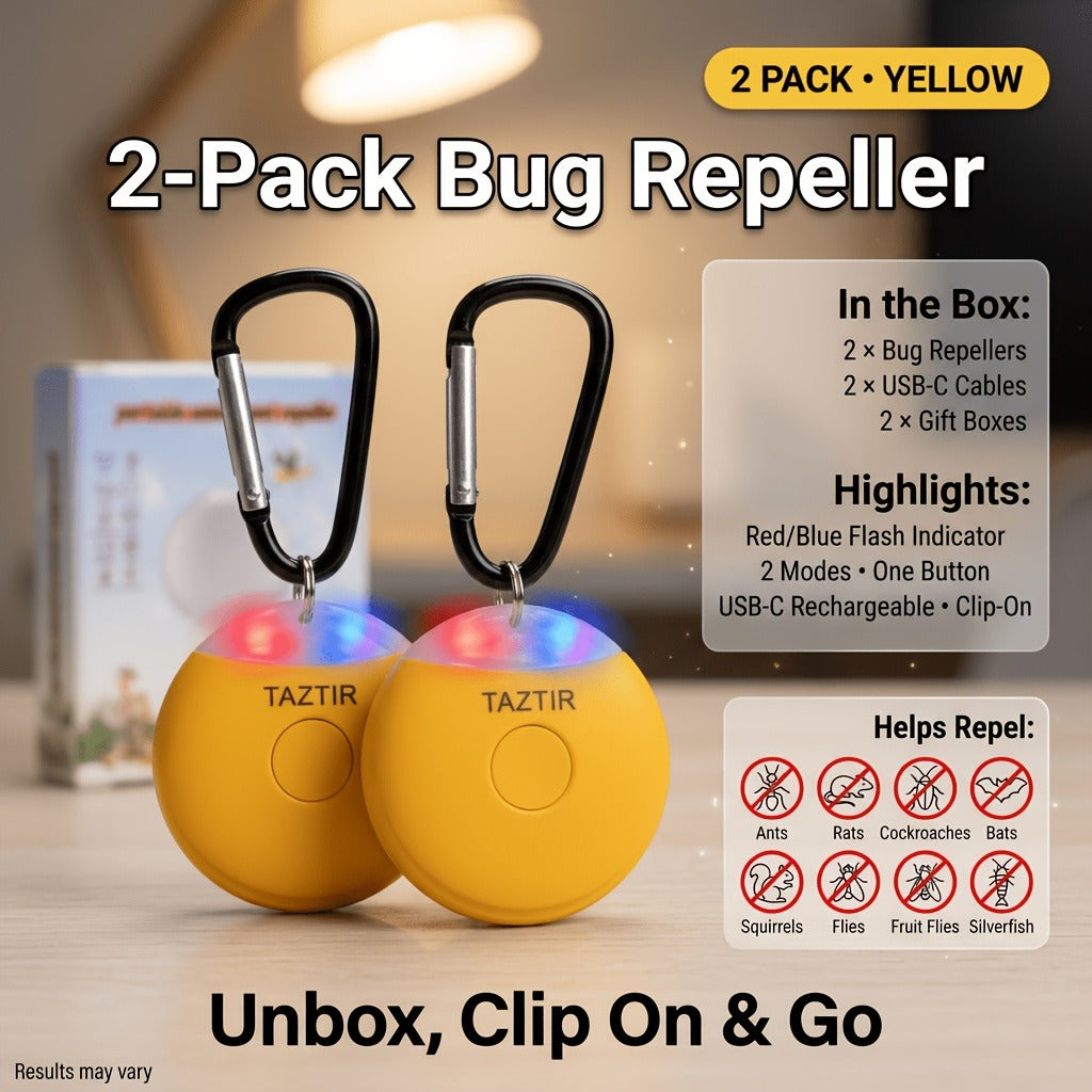 Ultrasonic Insect Repeller 2 Pack USB-C Rechargeable Mosquito Repellent Clip-On Keychain No Spray Pet Safe for Hiking Camping Stroller Travel Backpack Outdoor
