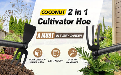 Garden Cultivator Hoe 2-in-1 60 Inch Long Handle Steel Tiller Blade & 3-Prong Cultivator Head for Weeding Tilling Loosening Soil Planting Lightweight