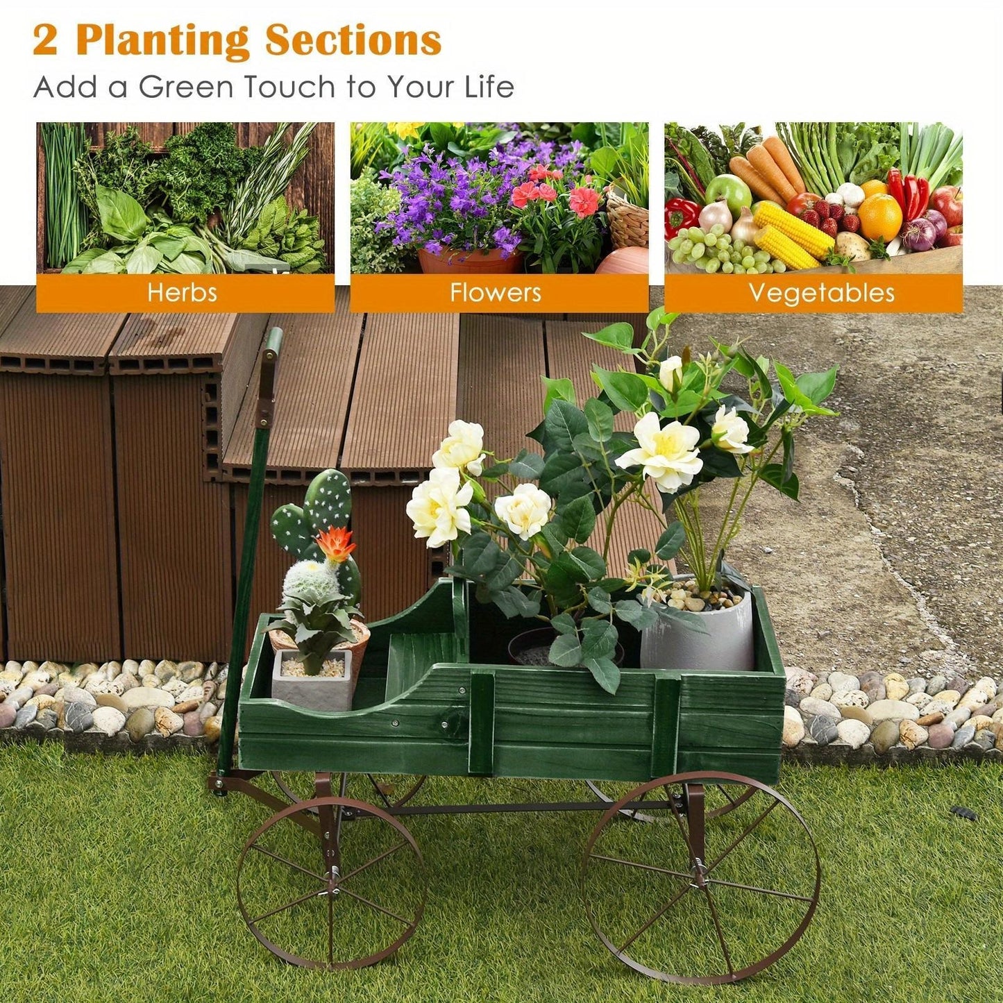 Wooden Flower Stand with 4 Wheels – Rolling Plant Trolley for Garden, Balcony & Terrace