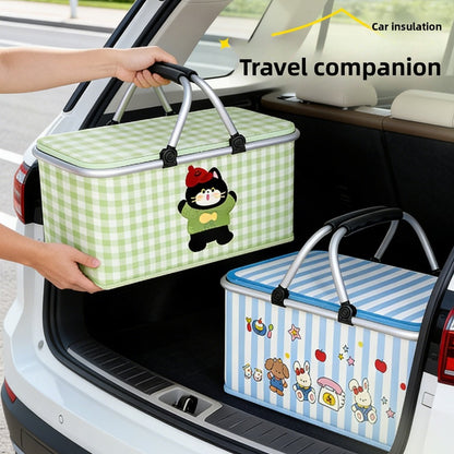 Insulated Picnic Box with Aluminum Frame – Collapsible Thermal Camping Storage Basket for Outdoor Picnic, BBQ, Travel & Camping with Cute Pattern Designs