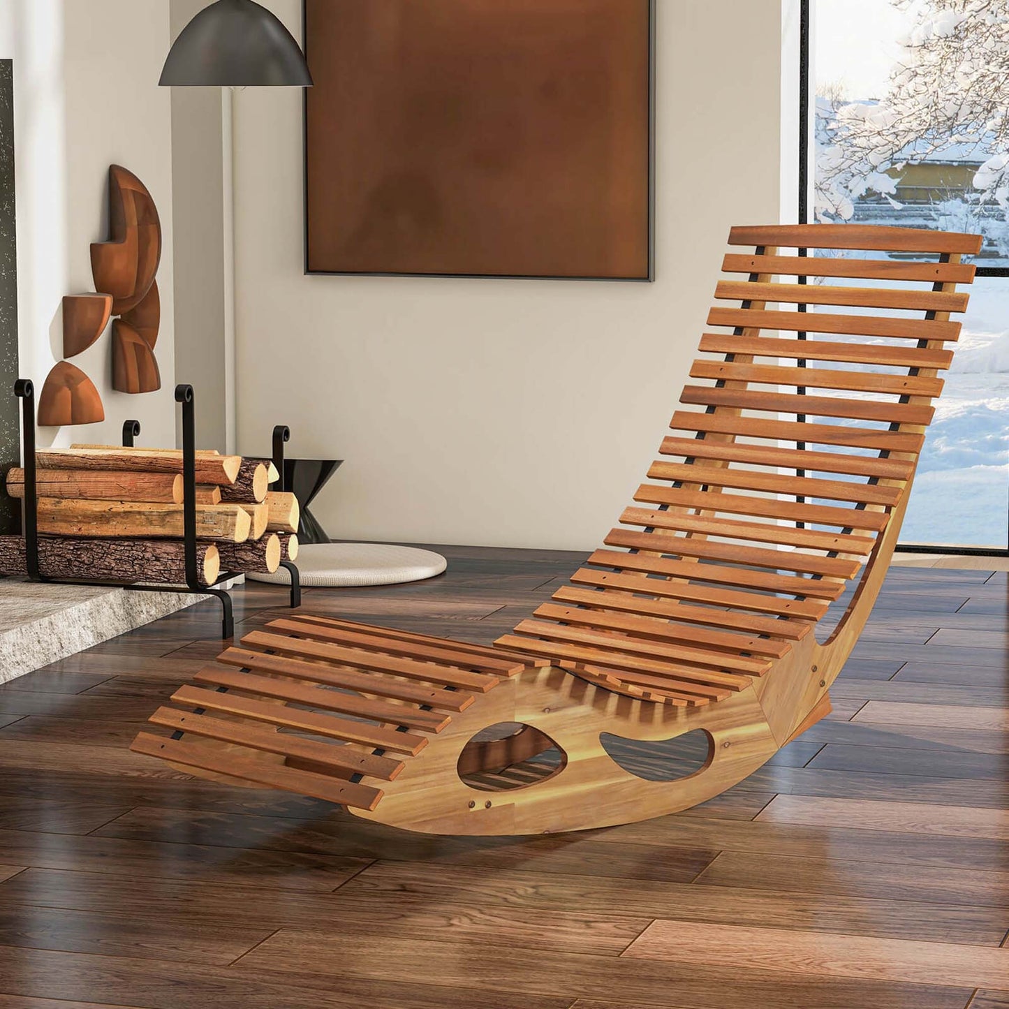 Acacia Wood Rocking Chaise Lounge Outdoor High Back Ergonomic Slatted Seat Stopper 350lb Patio Rocker for Deck Poolside Garden
