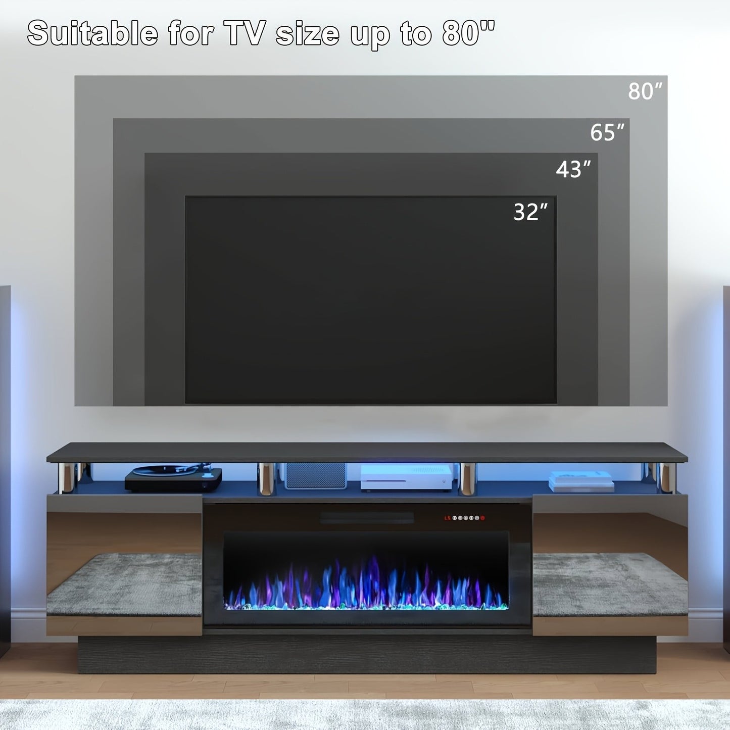 Fireplace TV Stand 70 Inch with 36" Electric Fireplace 2-Tier High Gloss Wood Entertainment Center LED Lights Cabinet Media Console Living Room