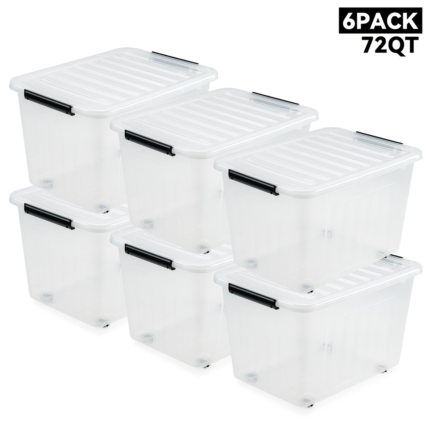 Storage Containers with Lids and Wheels | Stackable 72QT & 97QT Plastic Bins | 4 or 6 Pack | Locking Lid | Clear, Pink/White, Gray/Yellow | Home Garage