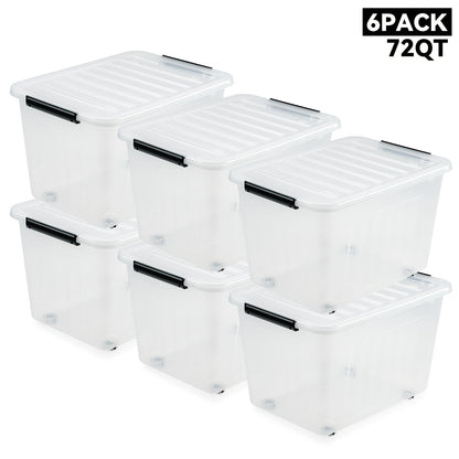 Storage Containers with Lids and Wheels | Stackable 72QT & 97QT Plastic Bins | 4 or 6 Pack | Locking Lid | Clear, Pink/White, Gray/Yellow | Home Garage